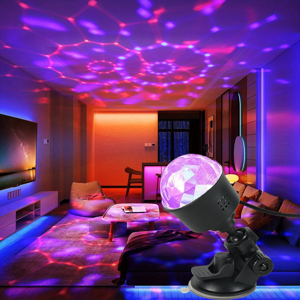 projecteur led moderne transparent effet stroboscopique disco son rotation auto câble usb 5v suction