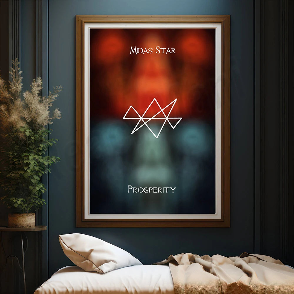 Une affiche murale ornée d'un symbole graphique complexe dans des tons rouges et verts, affichant le titre "Midas Star Prosperity".
