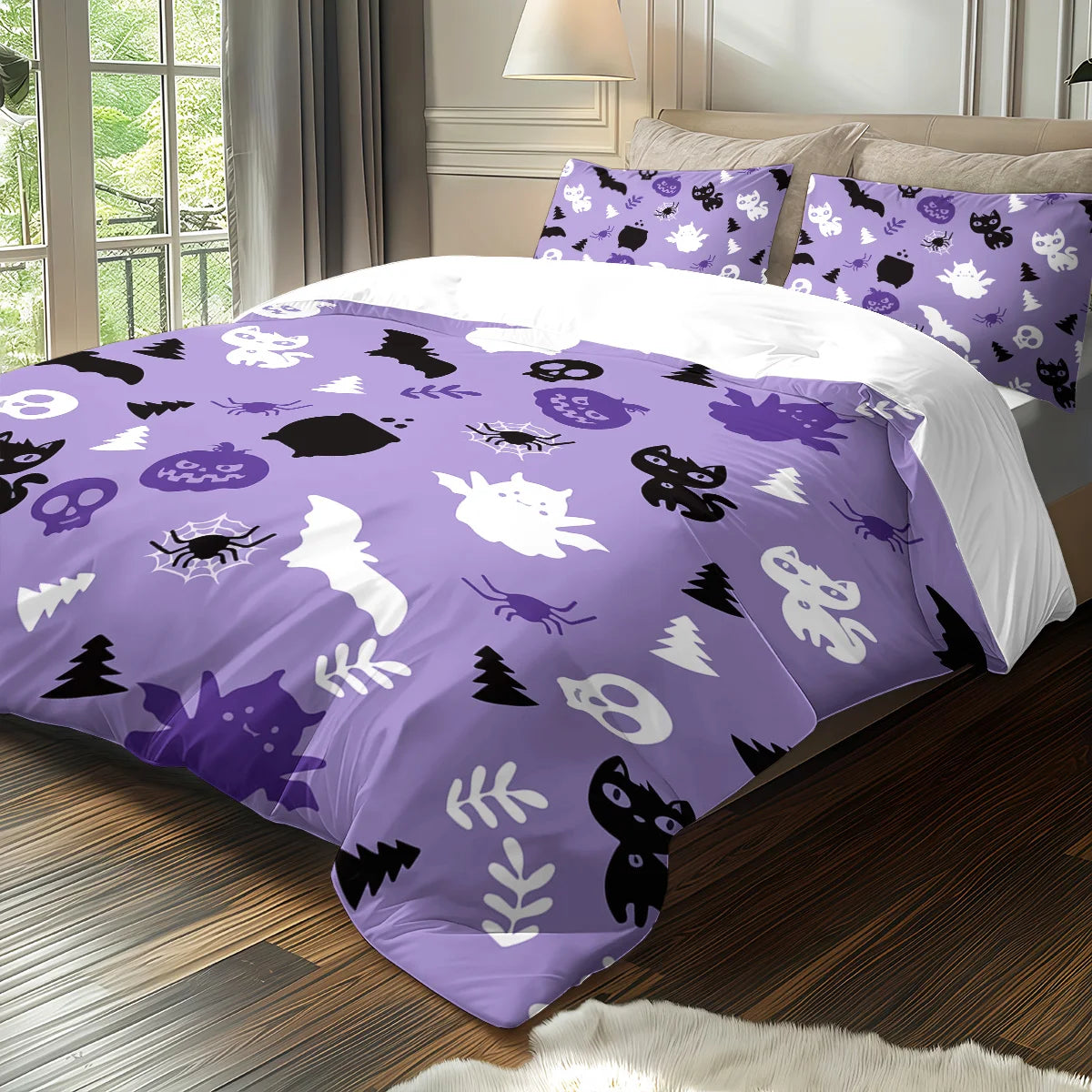 housse couette impression 3d halloween citrouilles chats noirs drap plat violet noir blanc