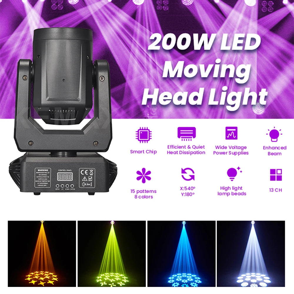 projecteur led mobile 200w 15 gobos 18 prismes couleurs effet dmx disco scène
