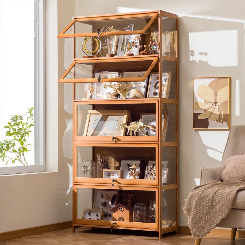 présentoir étagère porte vitrée transparent moderne bois clair figurines cadres