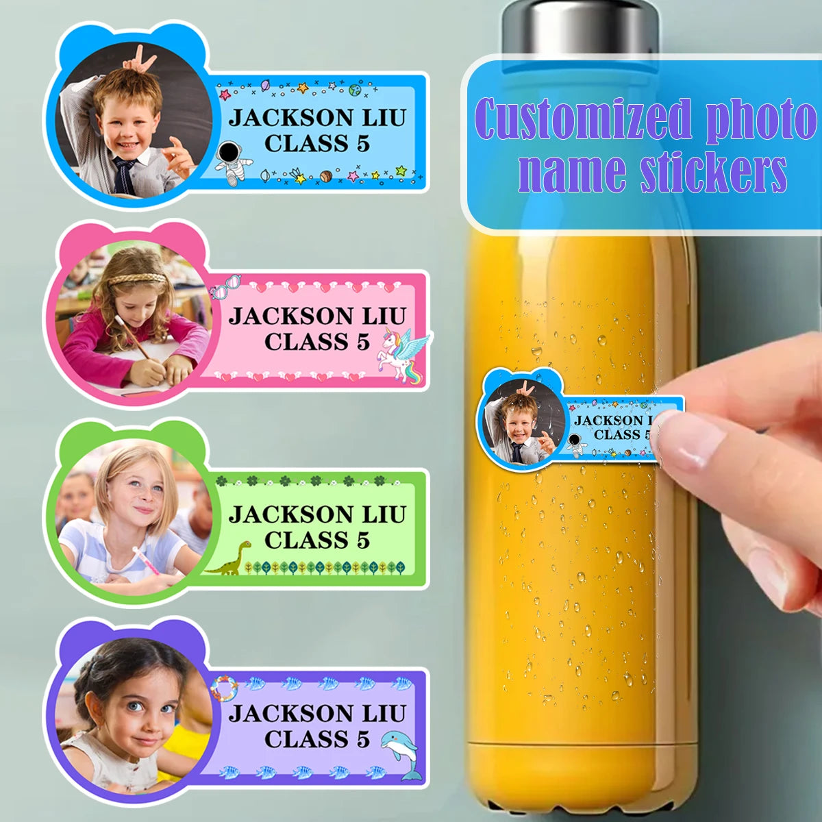 étiquettes personnalisables adhésives enfants couleurs bleu rose vert violet motifs floraux modernes textes personnalisables