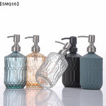 distributeur savon liquide bleu clair moderne texture géométrique noir gris