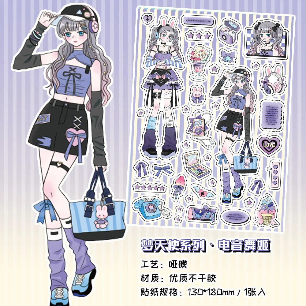 sticker kawaii fille personnages coeurs geometrique textes rose bleu violet doux