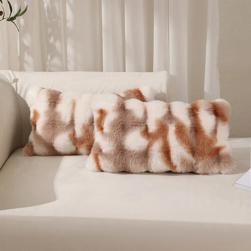coussins décoratifs moderne peluche rayures horizontales blanc marron clair beige adhésifs