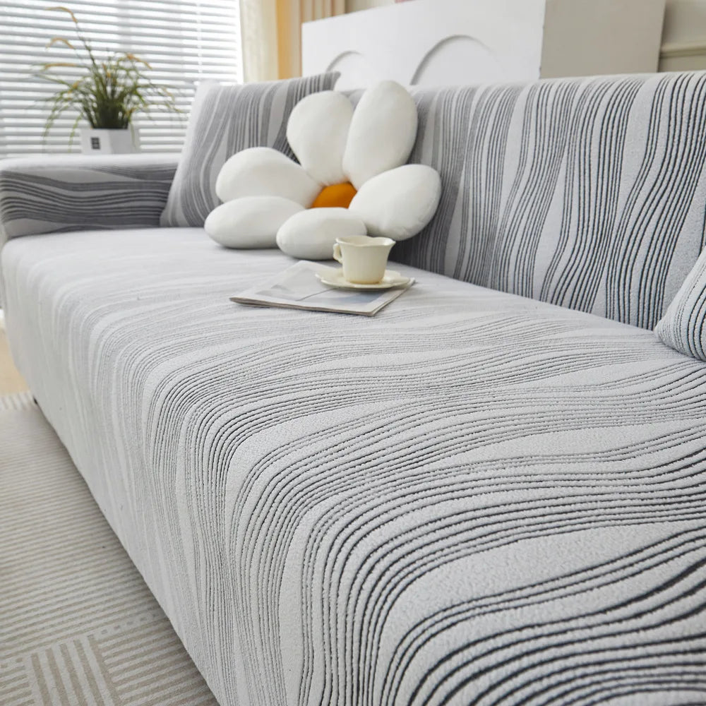 housse canapé moderne polyestère rayures horizontales beige gris clair lavable machine 90 300cm