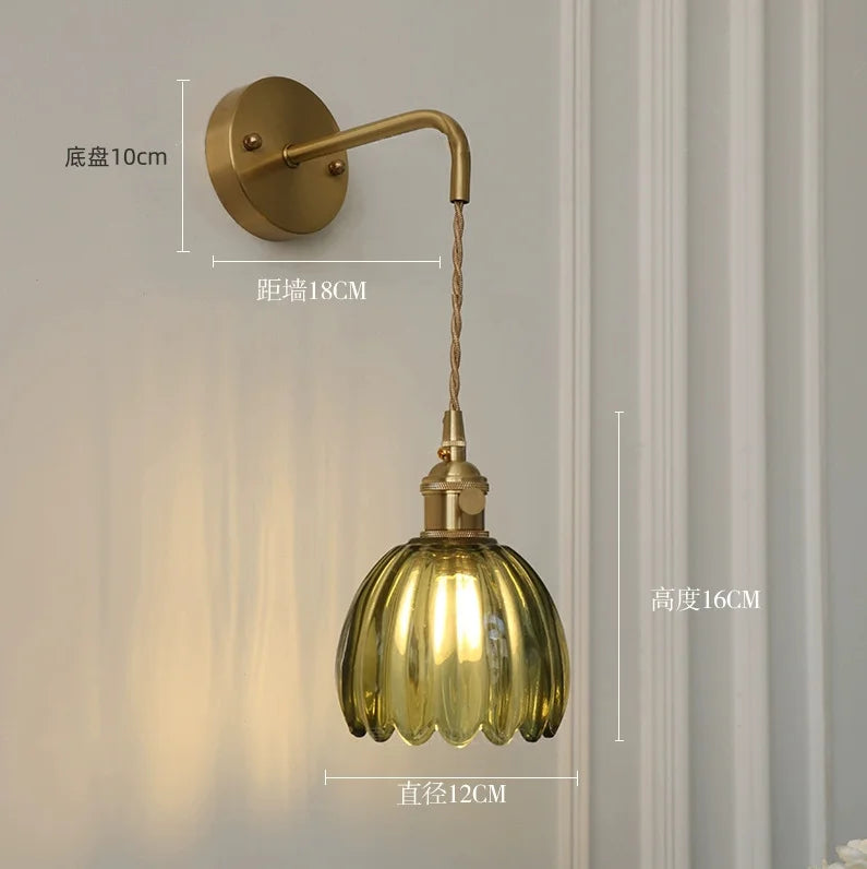 Lampe mur verte striée finition dorée vintage interrupteur on off