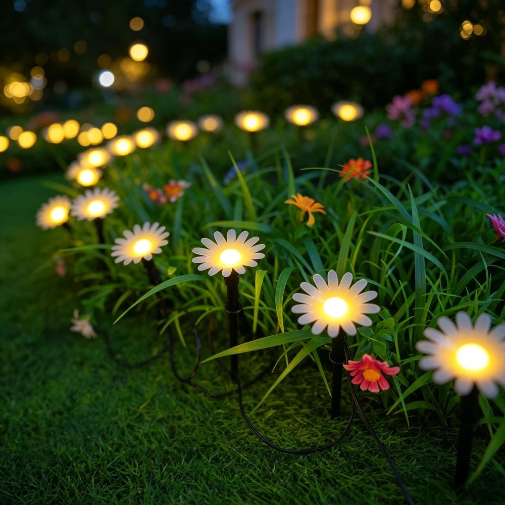 guirlande lumineuse solaire fleurs marguerites extérieur decoration jardin led blanc rose orangé feerique champetre