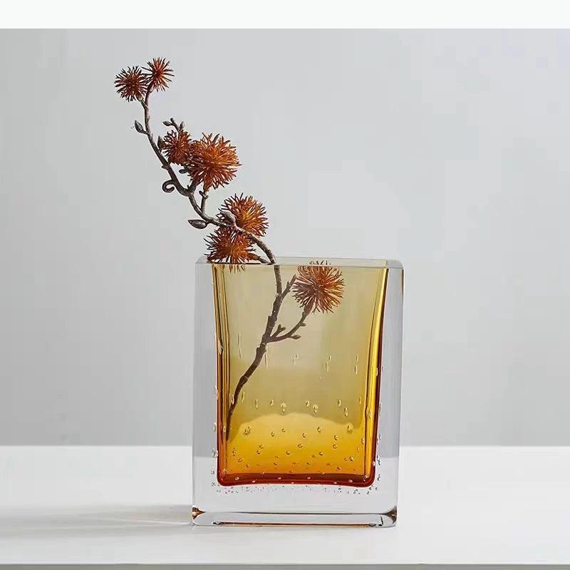 vase verre transparent jaune ambré moderne bulles air texturé fleurs rosesbranches orange
