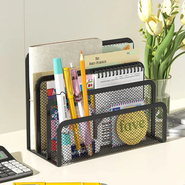 organisateur noir maille métal moderne rangement documents stylos cartes postales carnet feuilles crayon gomme