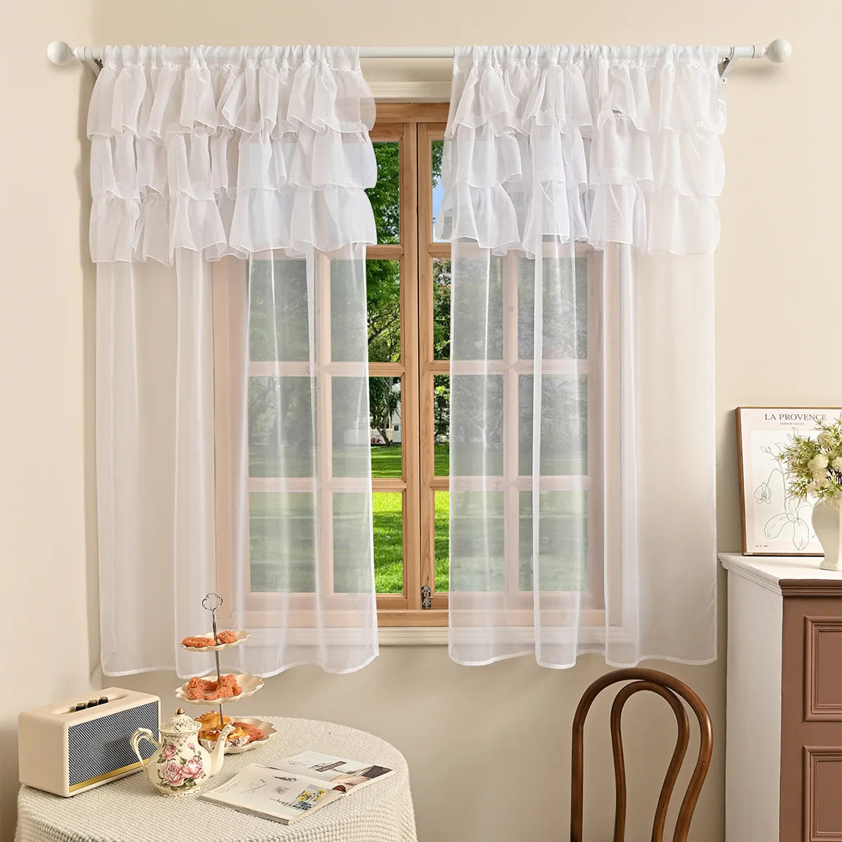 rideau blanc beige rose voile fronces transparent classique romantique deux panneaux anneaux