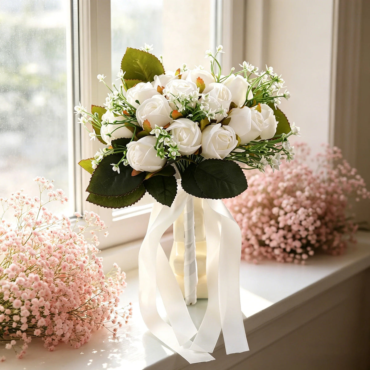 bouquet fleurs artificielles vase transparent romantique mariage blanc rose verte