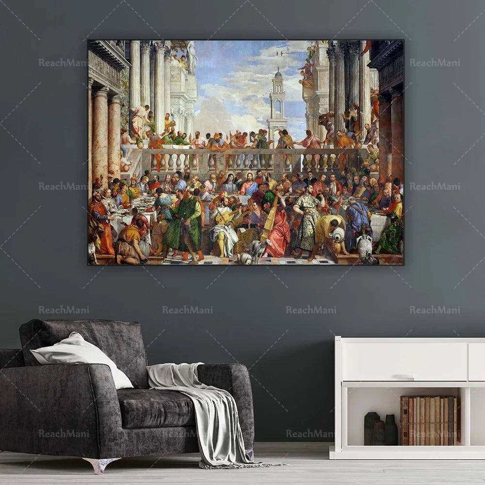 Cette œuvre d'art représente une scène de foule vivante et colorée dans un paysage architectural historique, avec de nombreuses personnes vêtues de différents costumes et postures.