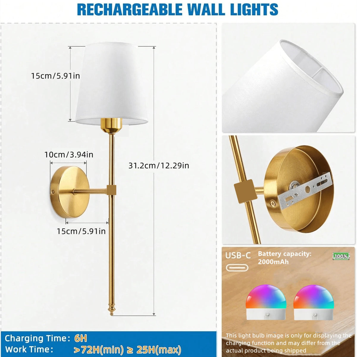 lampe murale moderne or blanc rechargeable abat jour led minimaliste chambre salon entrée