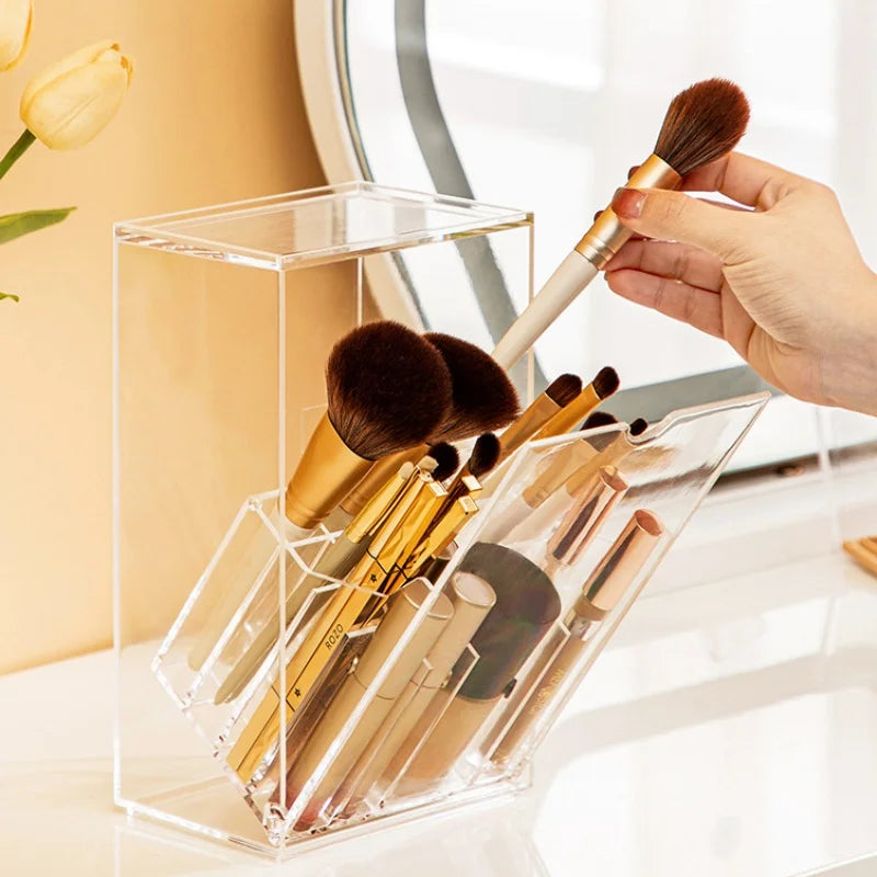boîte rangement cosmétiques moderne minimaliste transparente pinceaux rouges lèvres fond teint crayons brosse maquillage