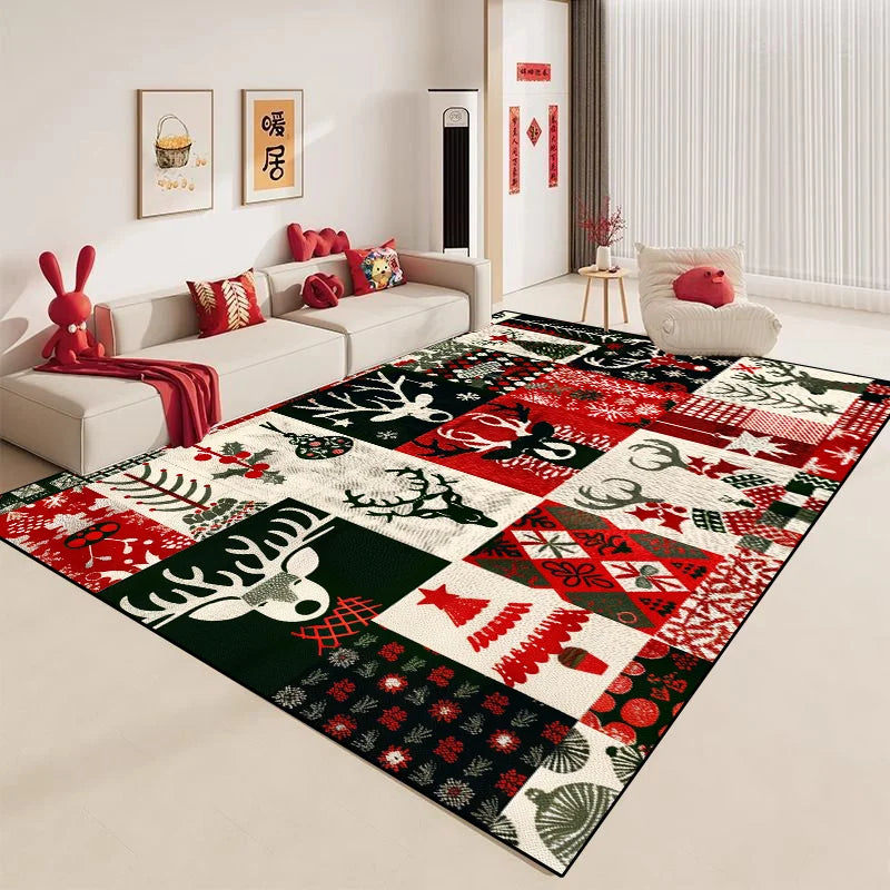 Un tapis coloré et festif avec des motifs de Noël et des éléments décoratifs rouges, noirs et blancs qui crée une ambiance chaleureuse et festive dans cette pièce.