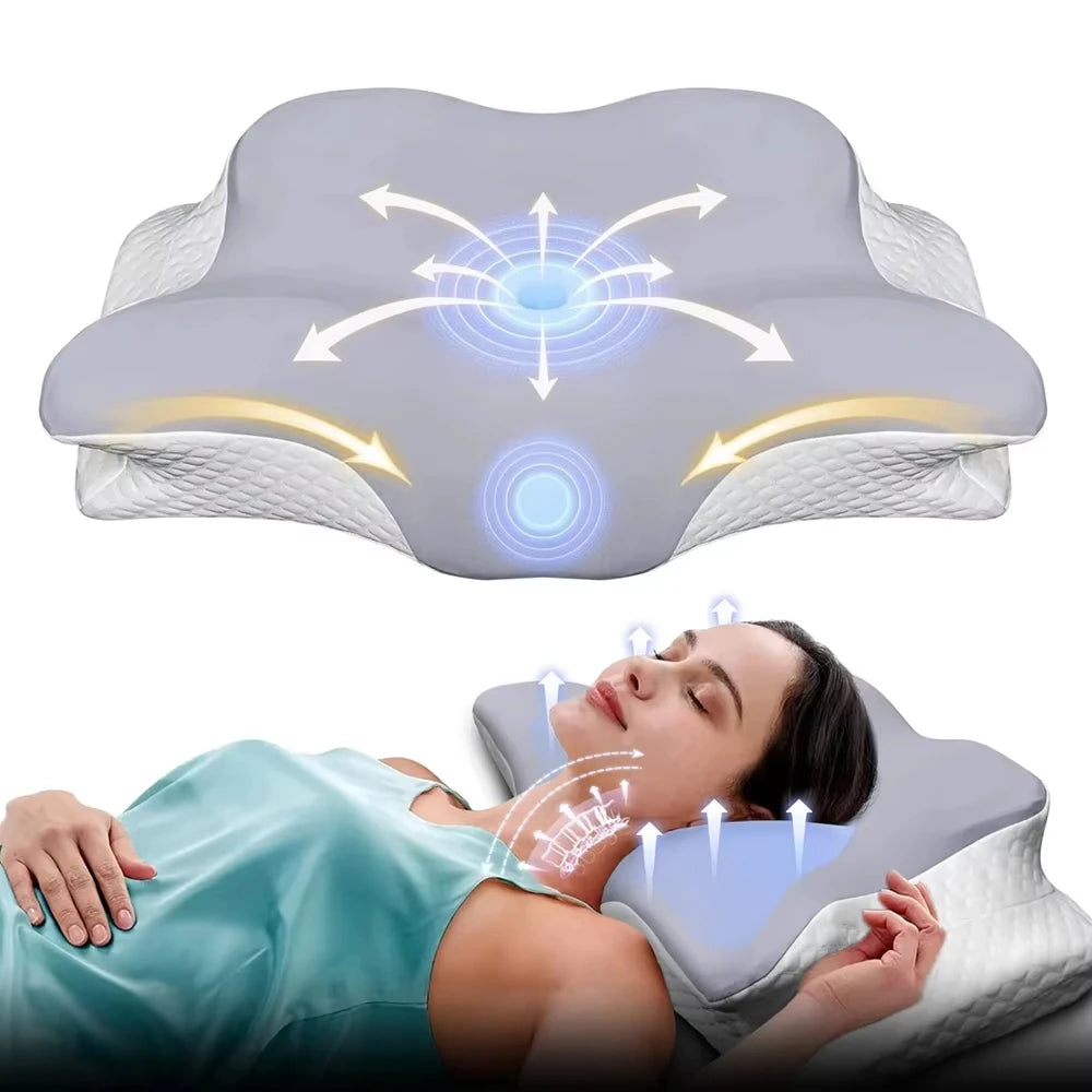 oreiller mousse mémoire forme papillon gris blanc moderne ergonomique doux massage voyage