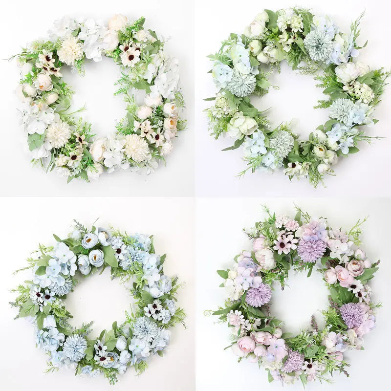 décoration murale couronne florale artificielle rose clair blanc vert rustique