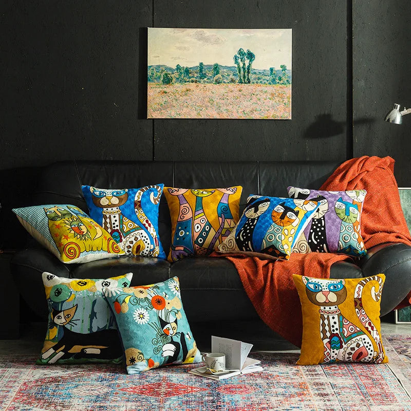 coussin abstrait brodé chats fleurs moderne linge coton bleu orange noir blanc vert marron