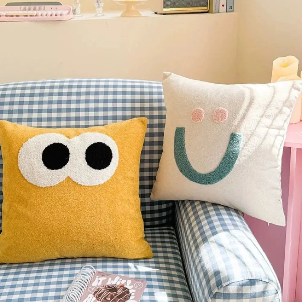 coussin carré 45x45cm bohème sourires yeux nuages abstrait coton polyester lavable moderne enfantin