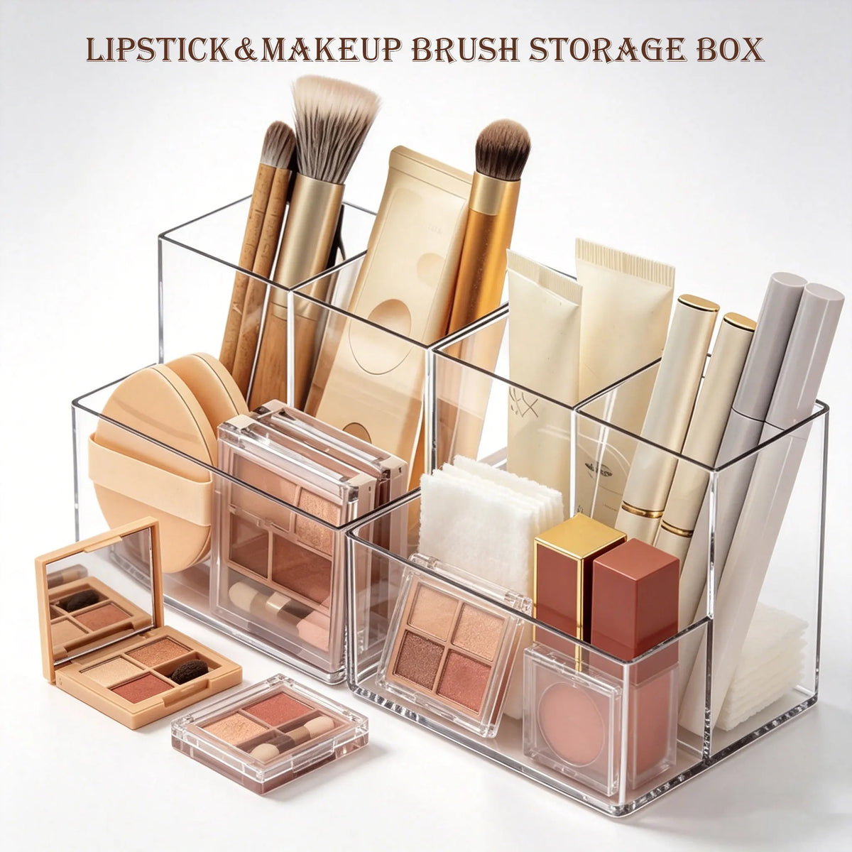 boîte rangement transparente cosmétiques maquillage brosse palette fards fondation crème lotion parfum moderne minimaliste