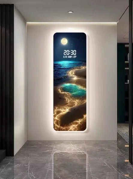 horloge murale moderne plage lune blanc beige bleu doré numerique