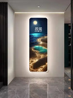 horloge murale moderne plage lune blanc beige bleu doré numerique