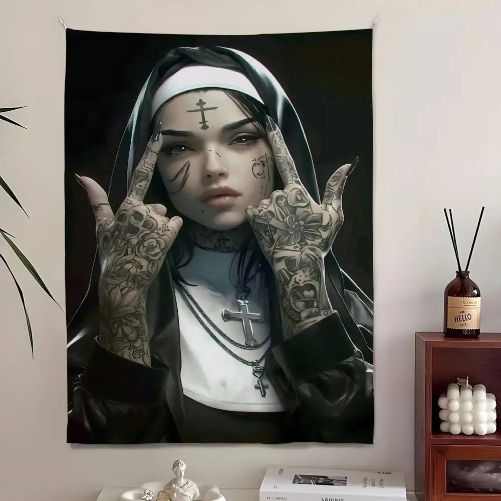 toile d'art contemporaine femme tatouages croix fumée noir blanc clips adhésif 60x90cm 70x115cm 80x130cm