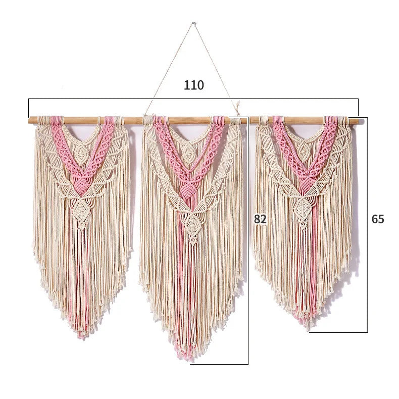 tapisserie macramé bohème franges géométriques beige clair mur décoration artisanal coton lavage main
