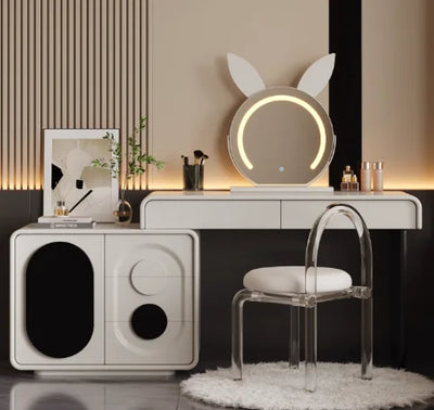 meuble multifonctionnel moderne tiroirs miroir tabouret bois géométrique beige noir