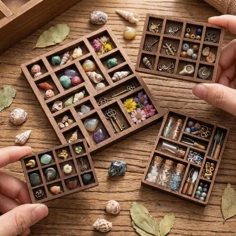 boîte bijoux bois marron coquillages fleurs séchées rustique compartiments organisation décoration artisanale