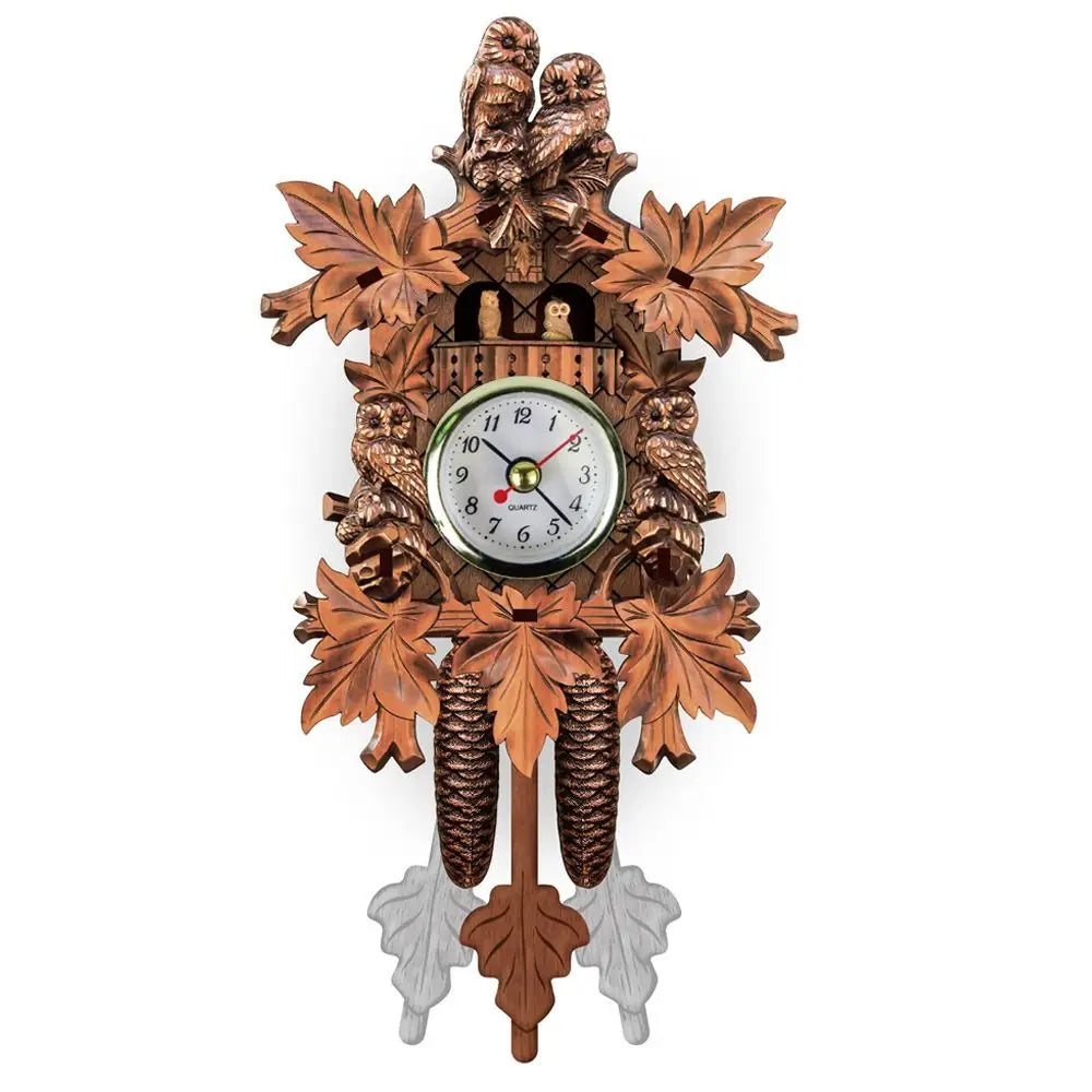 horloge pendule bois naturel motif feuilles oiseaux maisons animaux traditionnel rustique décoration murale vintage