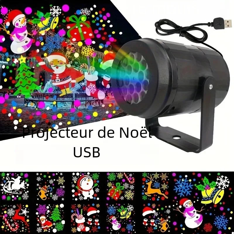 projecteur noel flocons led motifs vacances decoration chambre extérieur USB cylindrique cadeaux neige arbre