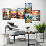 Un ensemble d'affiches de voyage colorées et évocatrices, représentant des destinations emblématiques telles que La Havane, l'Arizona, Washington D.C., Machu Picchu et Hawaï, créant une ambiance de vacances et d'exploration dans cet espace de vie.