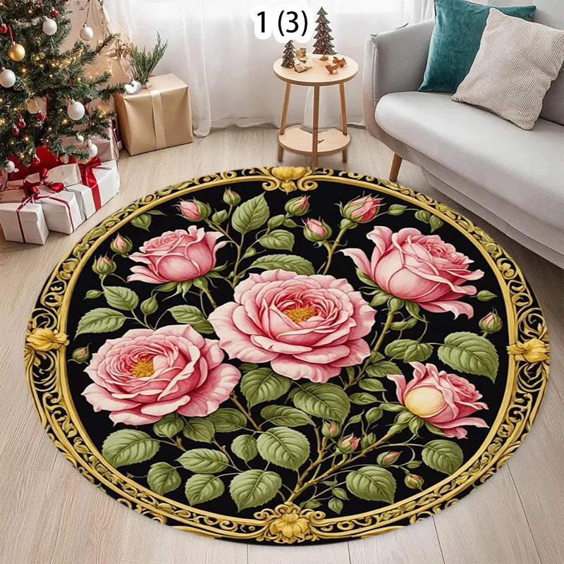 tapis rond fleur rose noir vert classique anti dérapant polyester polypropylène 40cm 80cm 120cm