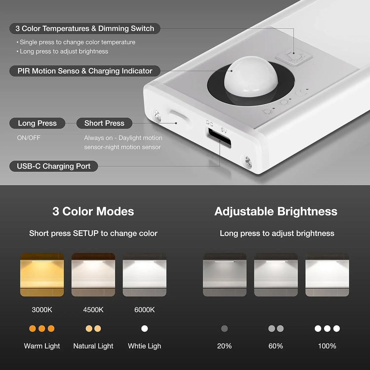 lampe led rechargeable usb blanc moderne interrupteur tactile detection mouvement trois couleurs adjustable télécommande