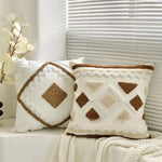 coussin brodé polyester moderne bohème motif géométrique blanc beige bleu gris marron 45x45cm