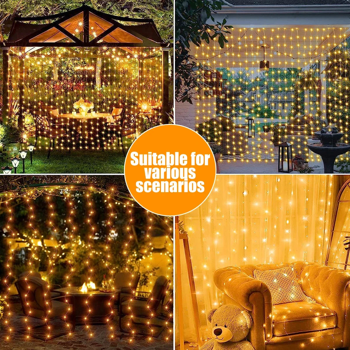 guirlande lumineuse rideau cascade jaune blanc extérieur solaire festif decoration pergolaextérieurchaleureux