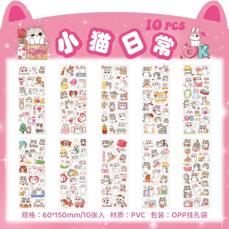 sticker kawaii adhésif dessins animés chats floraux textes scrapbooking transparent rose vert bleu blanc