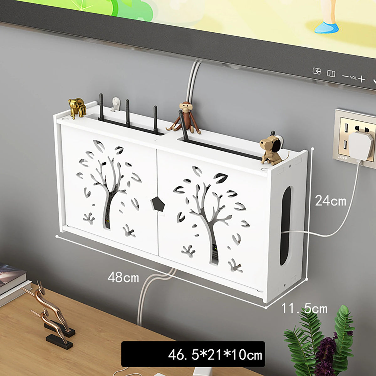 meuble rangement mural blanc bambou prises électriques étagères cable wifi