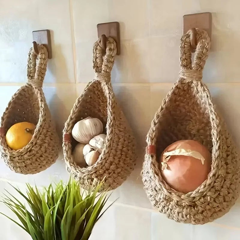 panier suspendu tressé main rustique bohème décoration cuisine jardin fruits légumes fleurs crochets