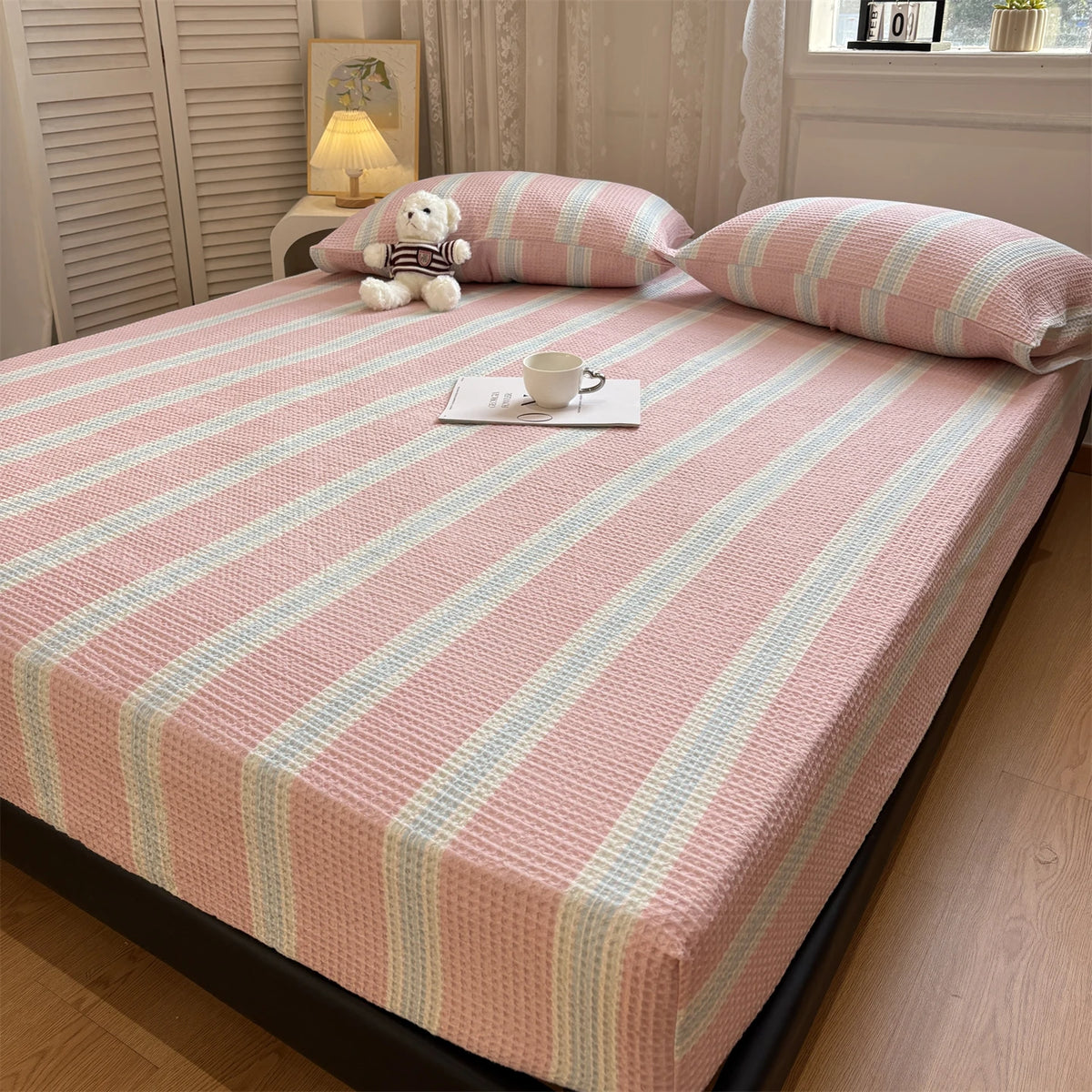 draps housse coton polyester lit adultes rose bleu clair beige rayures horizontales simple opacité
