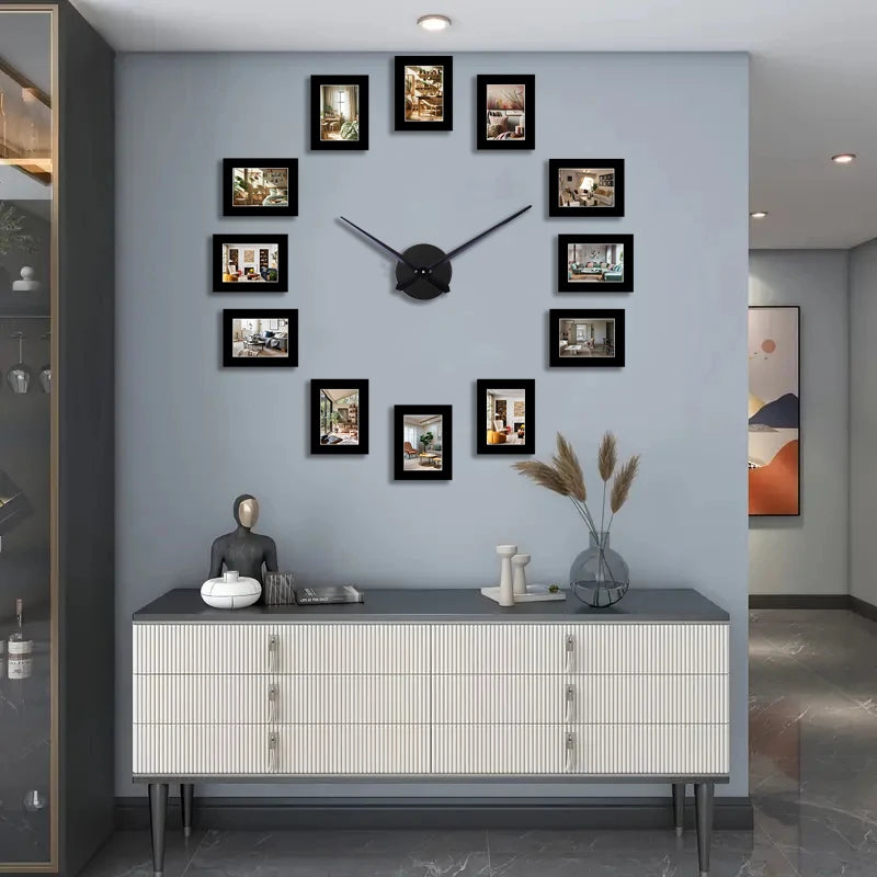 horloge murale moderne noire cadres photo aiguille quartz métal salon