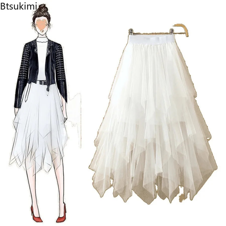 jupe tulle plissée féminine élastique printemps été rose clair gris blanc noir élégante lignemidi