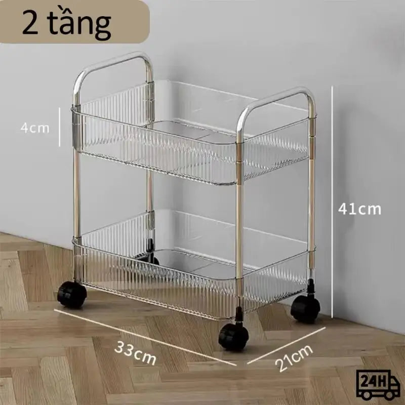 chariot roulettes transparent moderne compartiments striés rangement cosmétiques objets divers