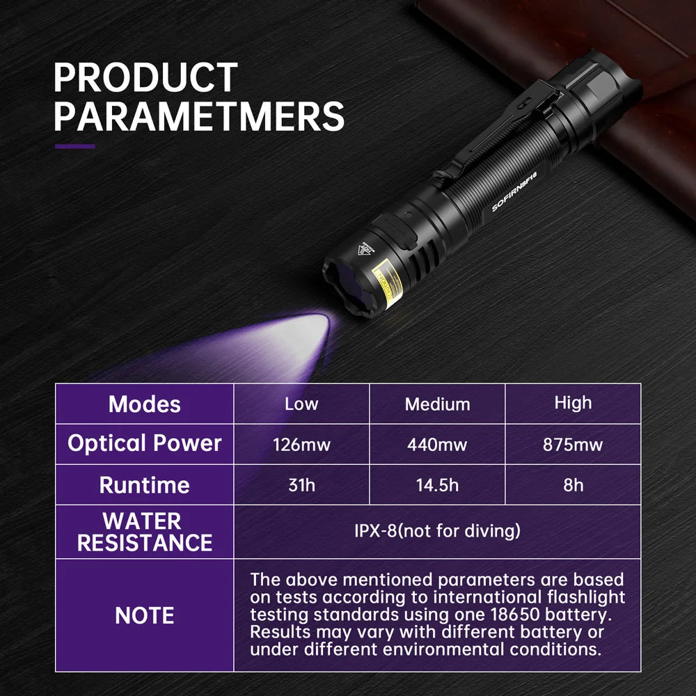 lampe poche uv rechargeable 365nm tactique ipx8 résistante l'eau modes puissance variable