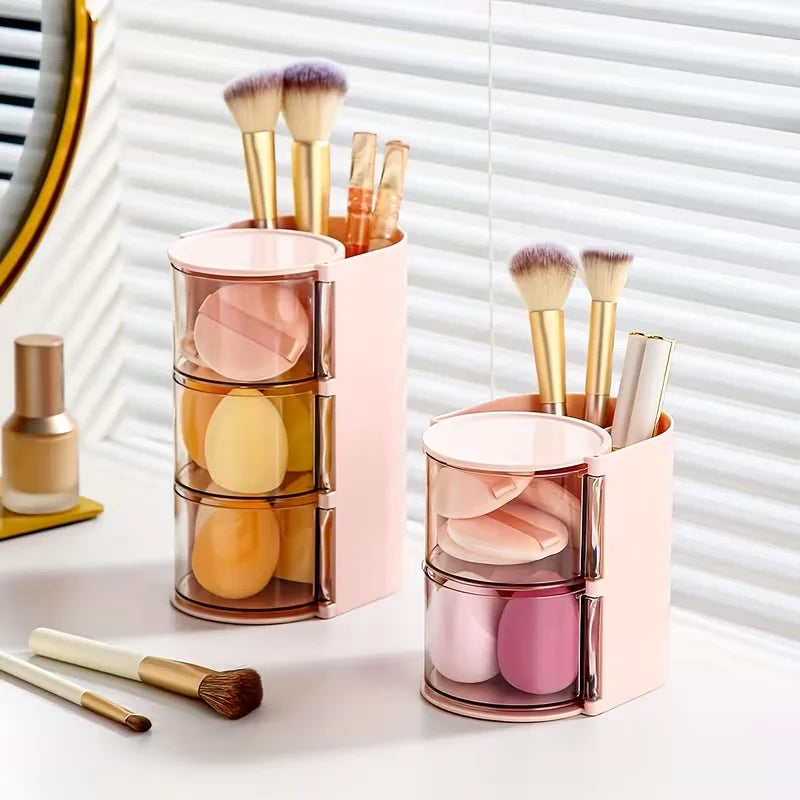 rangement rotatif blanc rose pâle transparent moderne accessoires capillaires brosse poudre rubans élastiques minimaliste