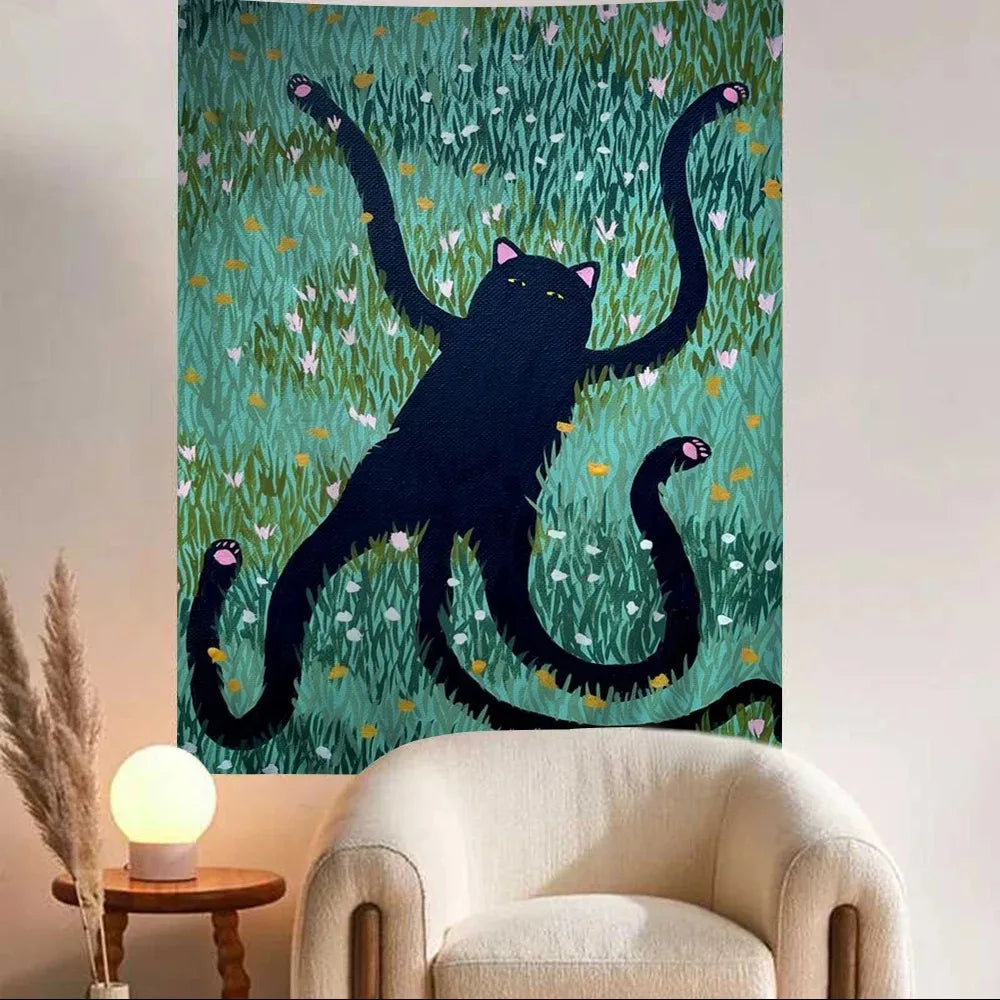 tapisserie murale décoration chambre salon chat mignon fleurs paysage vert moderne tissu polyester lavable