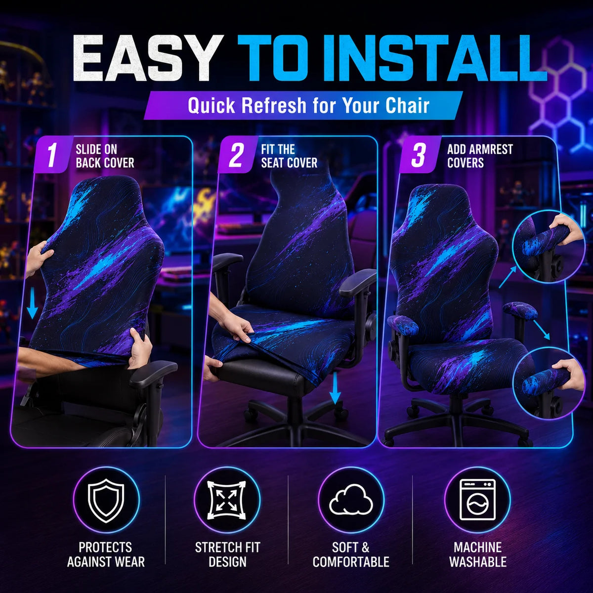 housse chaise jeu moderne bleu noir rayures ondulées imperméable anti rayures extensible esports