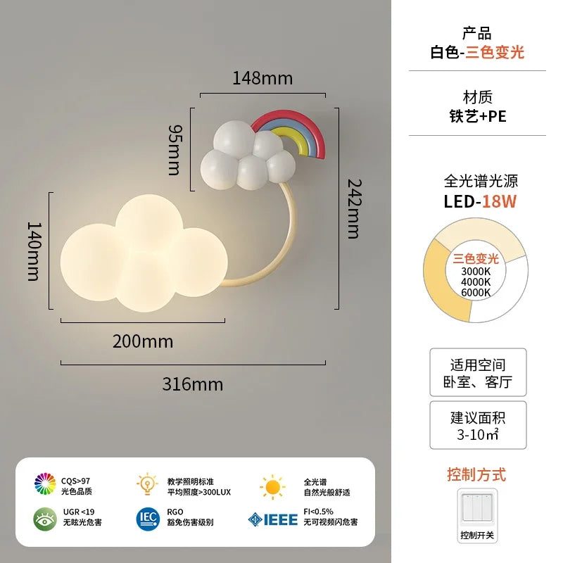 lampe murale moderne enfant avion nuage arc ciel étoile blanc bleu rose jaune